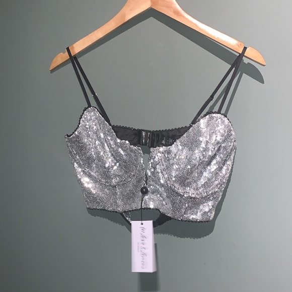 For Love & Lemons Sequin Glitter Silver Bustier Crop Top New With Tags NWT Large - Picture 6 of 16